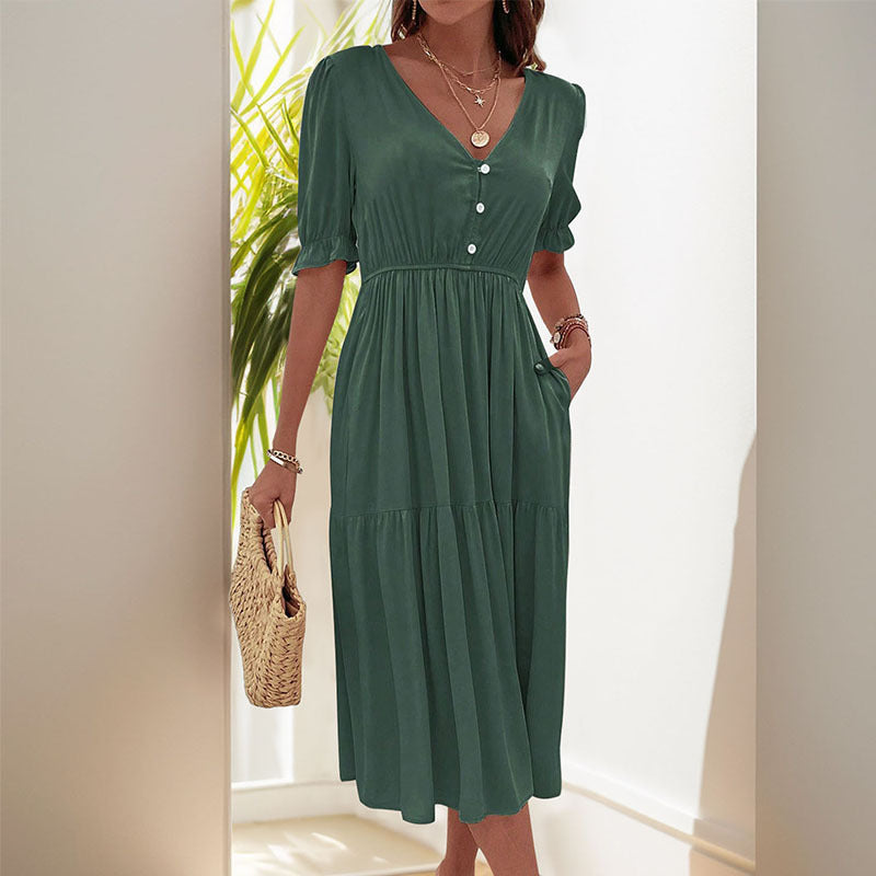 Glowwom Pleated V-Neck Dress