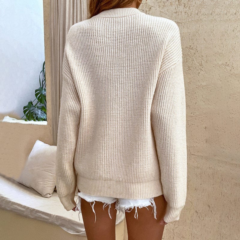 Crew Neck Ribbed Button Sweater