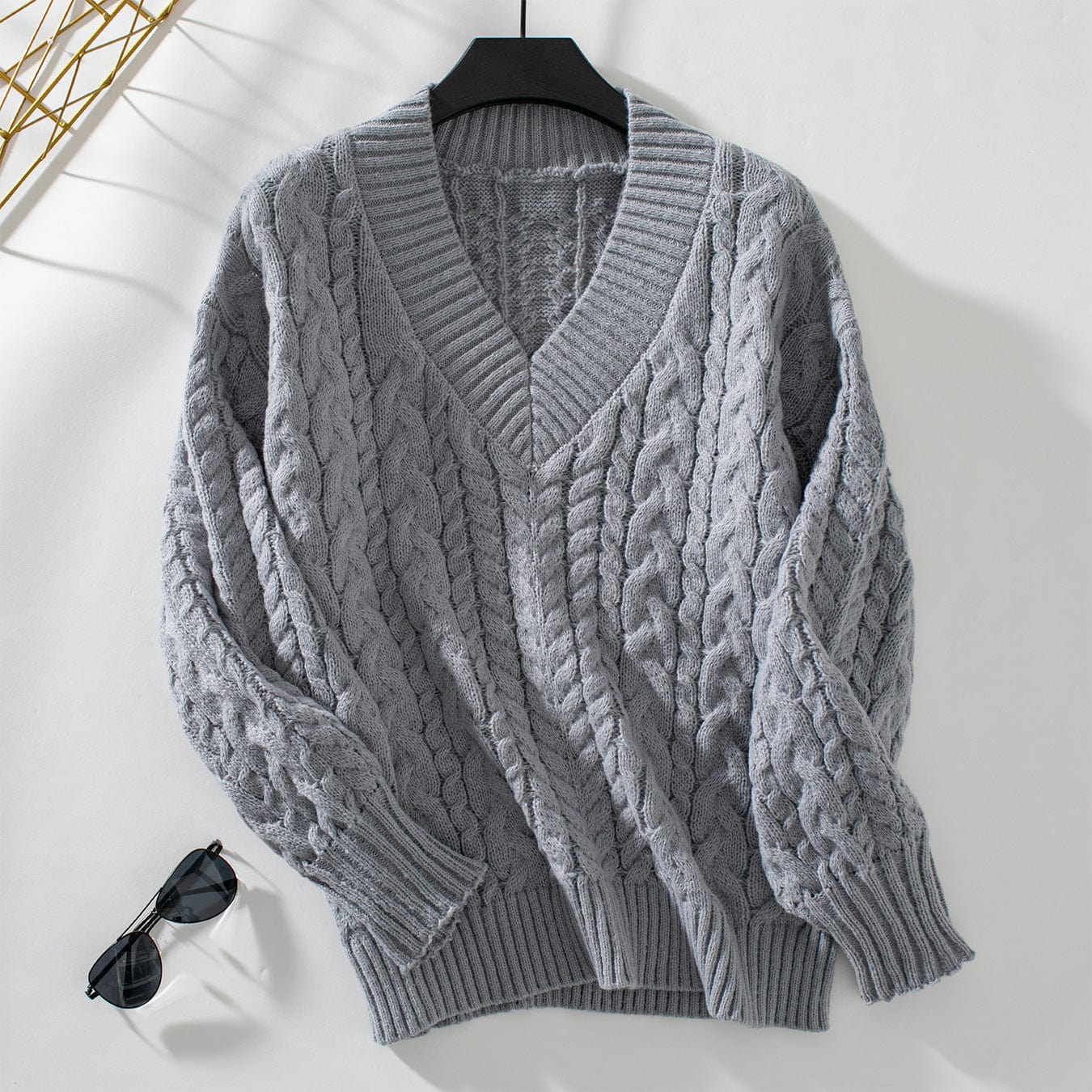 V-neck long-sleeved solid color knitted sweater