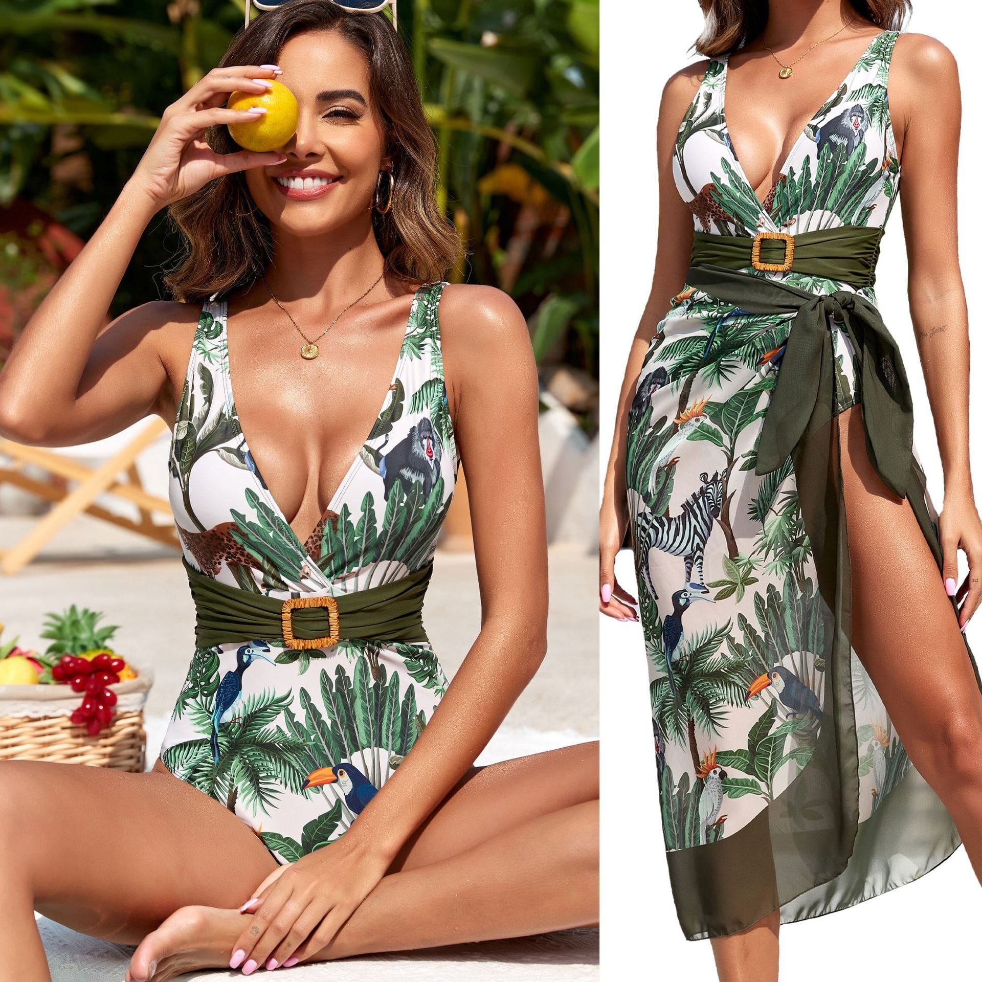 Printed wide strap one piece swimsuit set