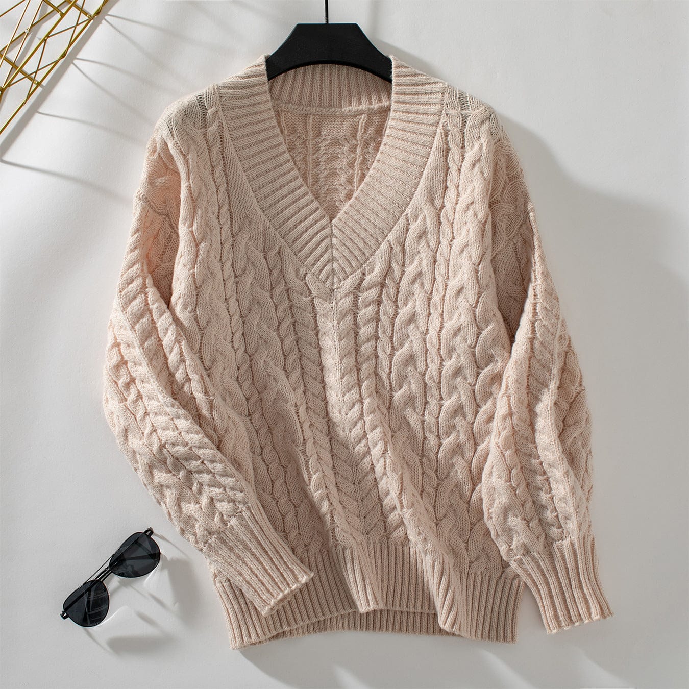 V-neck long-sleeved solid color knitted sweater