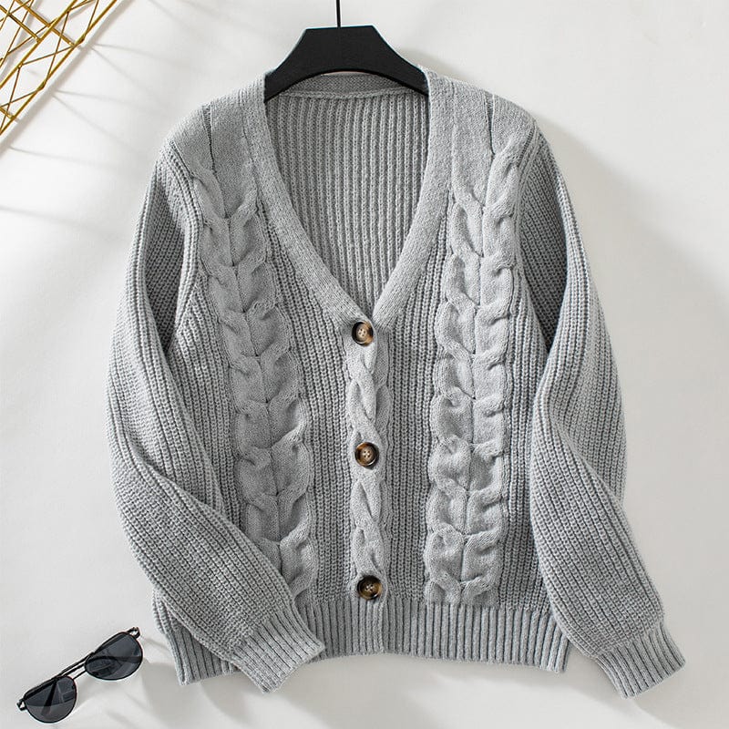 Stone cable knit detail cardigan in various colors including green, black, brown, and cream