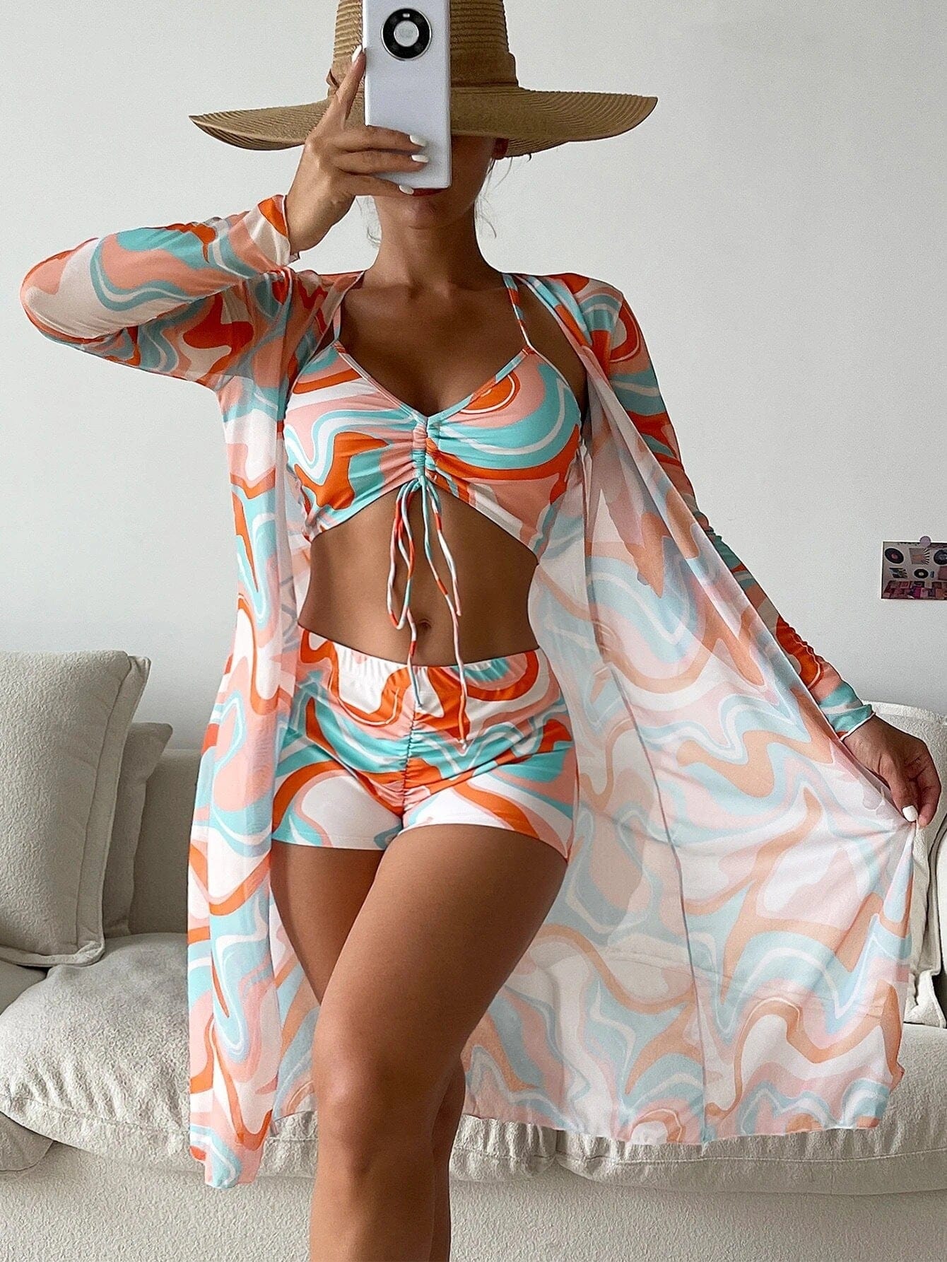 3-Piece Allover Printed Drawstring Bikini Set With Matching Cover Up