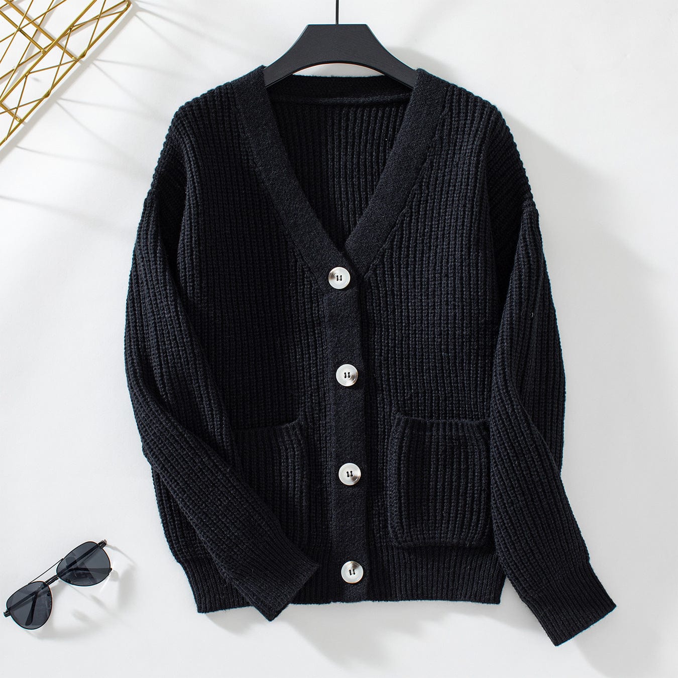 V Neck Lantern Sleeve Cardigan