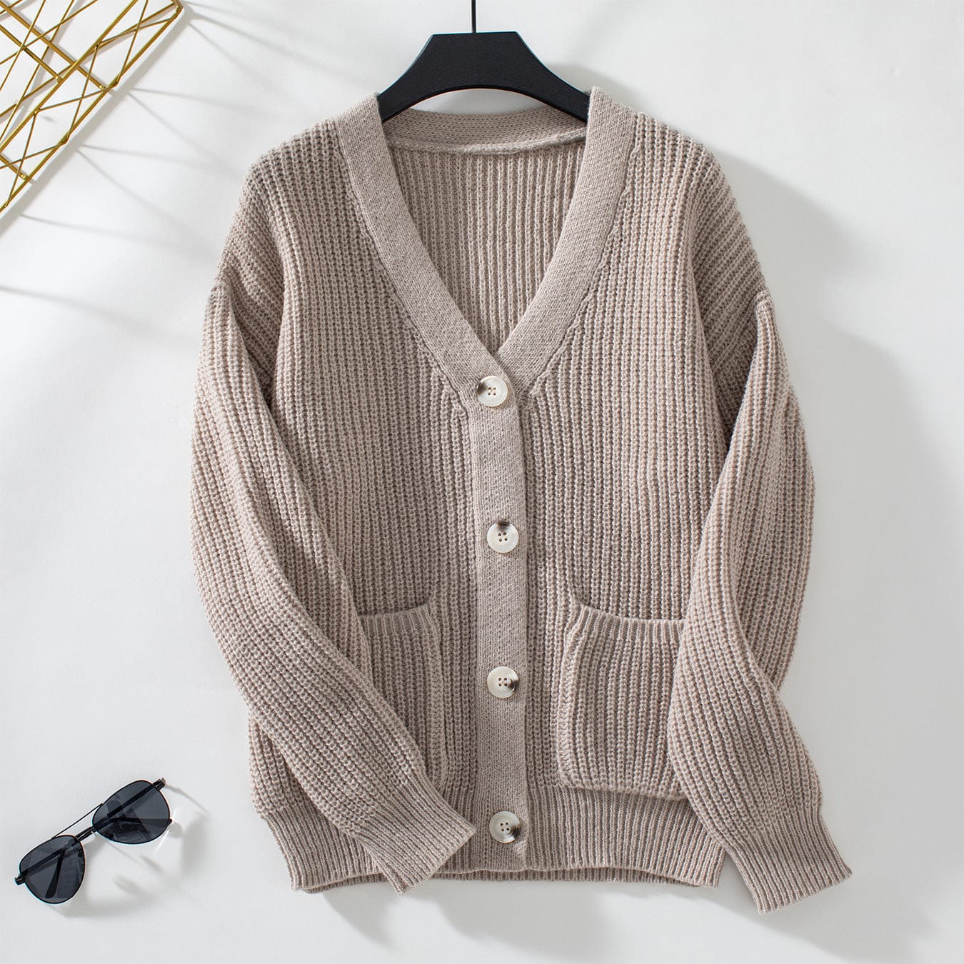 V Neck Lantern Sleeve Cardigan