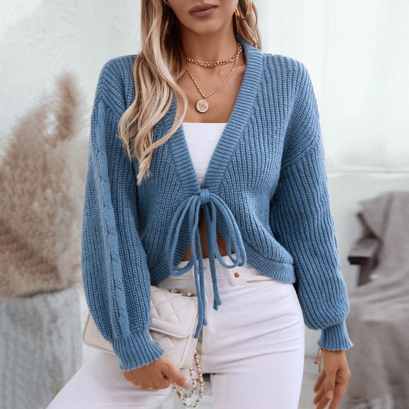 V-Neck Tie Cardigan Sweater