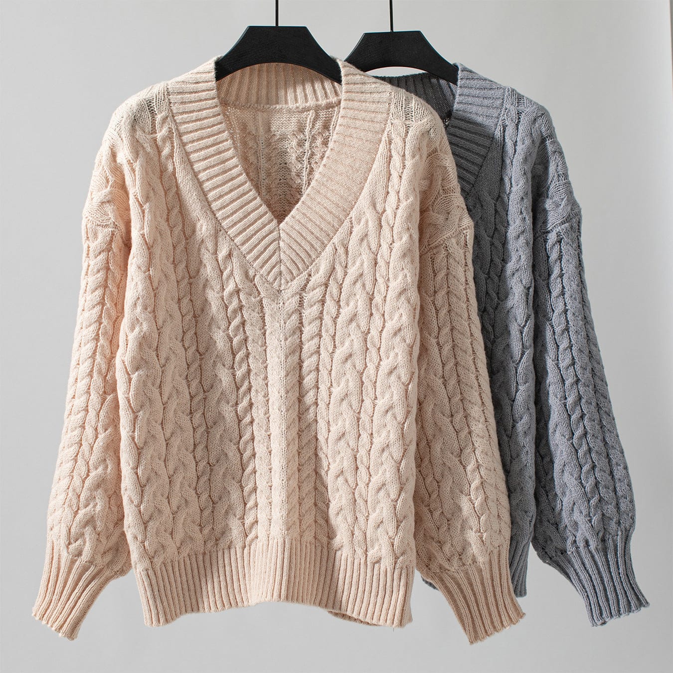 V-neck long-sleeved solid color knitted sweater