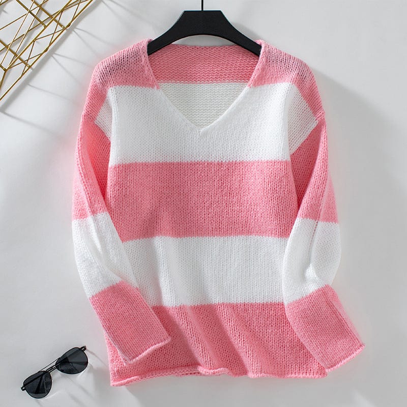 v neck striped sweater, V-neck striped sweater in pink and white with black sunglasses, off-the-shoulder style