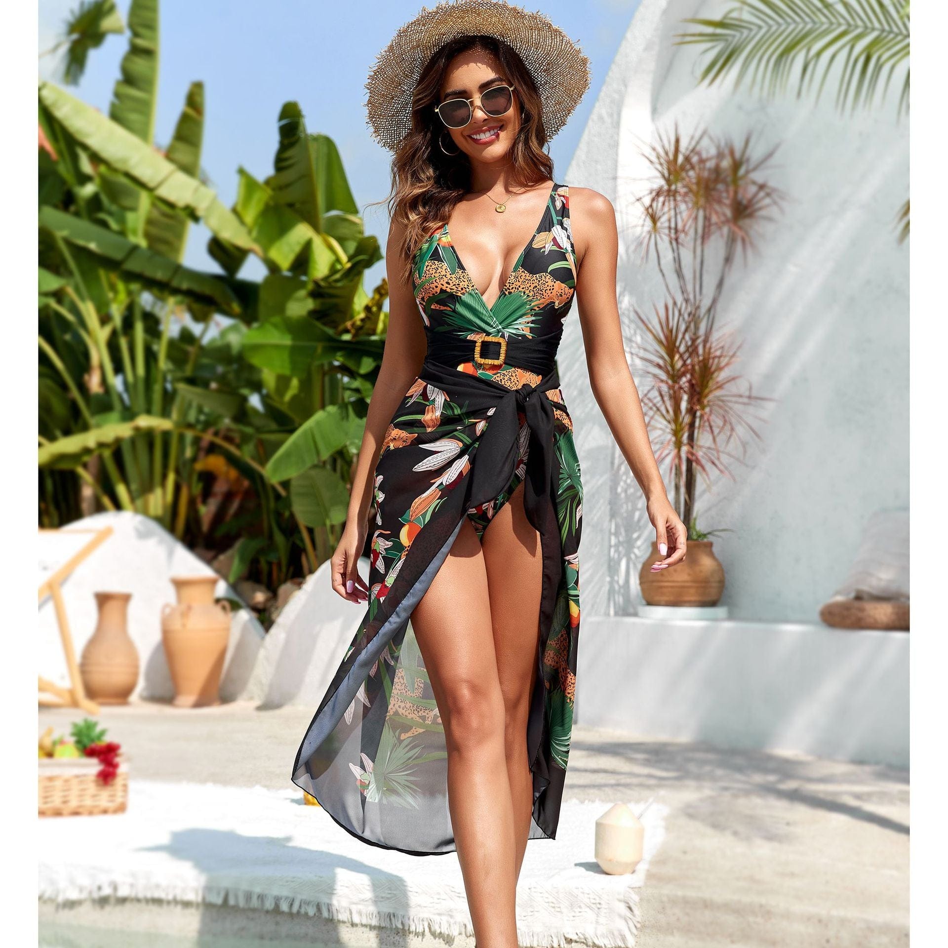 Printed wide strap one piece swimsuit set