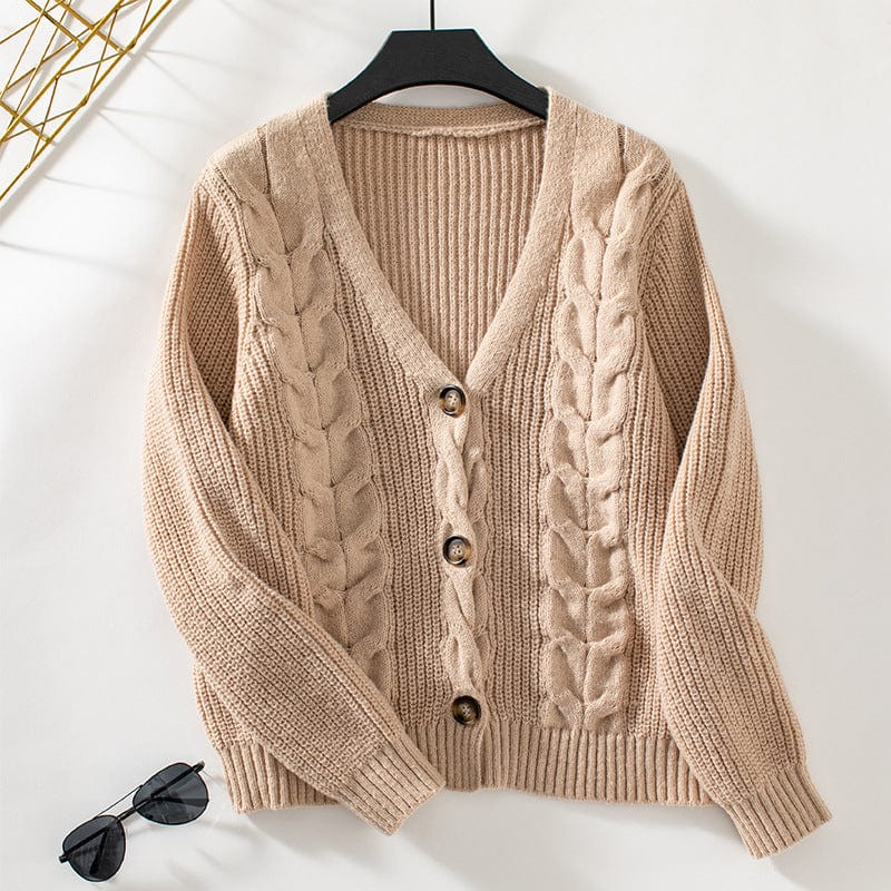 Stone cable knit detail cardigan in various colors including green, black, brown, and cream