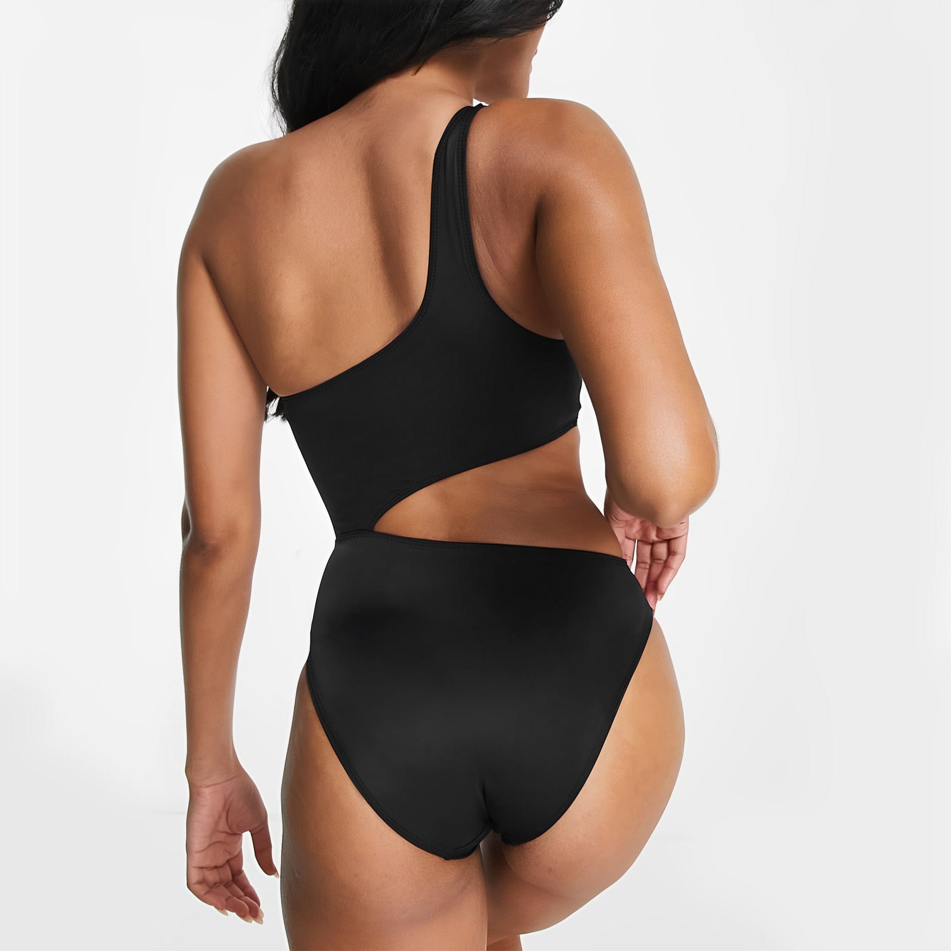 Solid Color Asymmetric One Shoulder Swimsuit