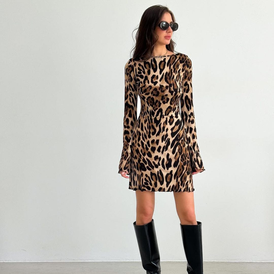 Glowwom leopard print mini dress in various styles including satin red and pink options