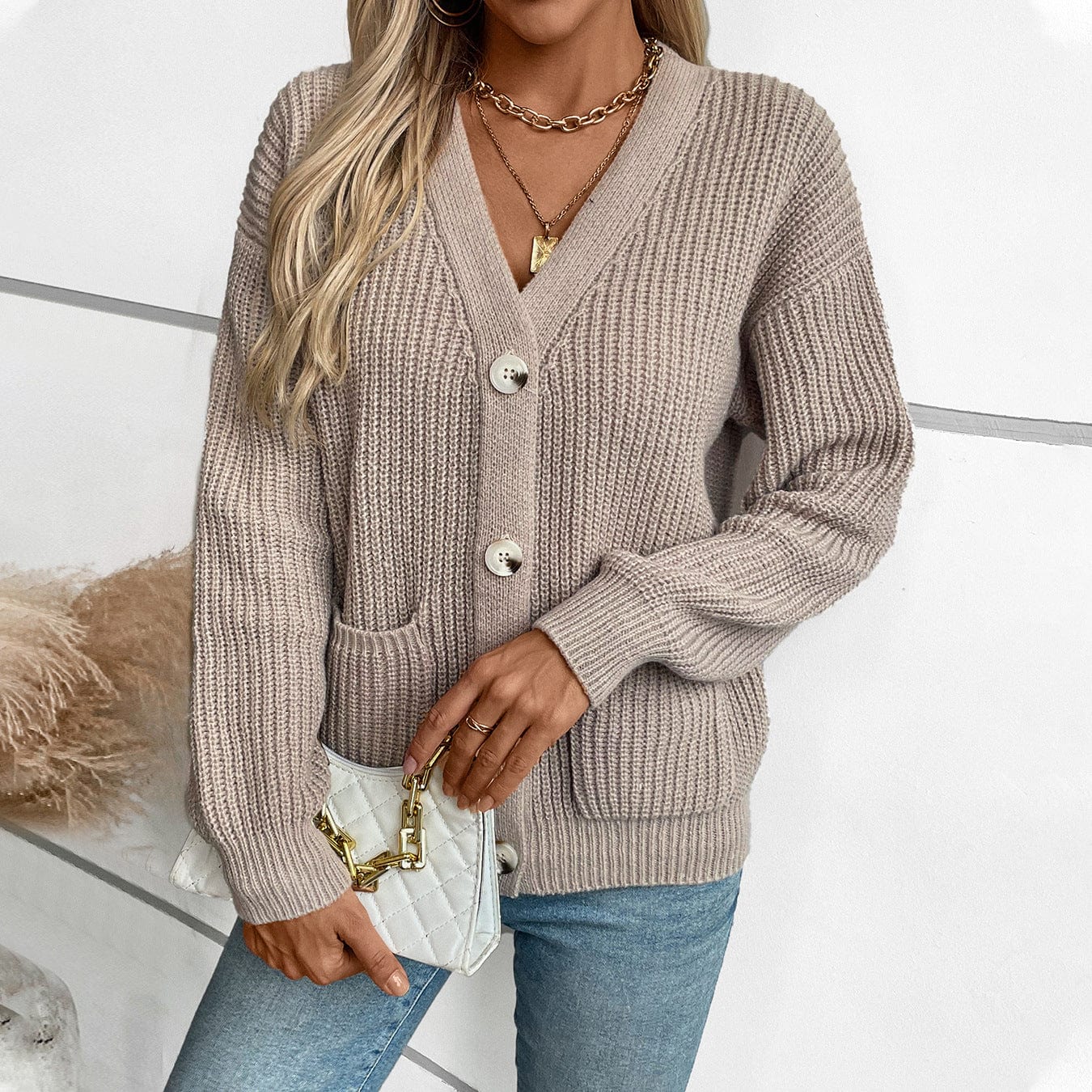 V Neck Lantern Sleeve Cardigan